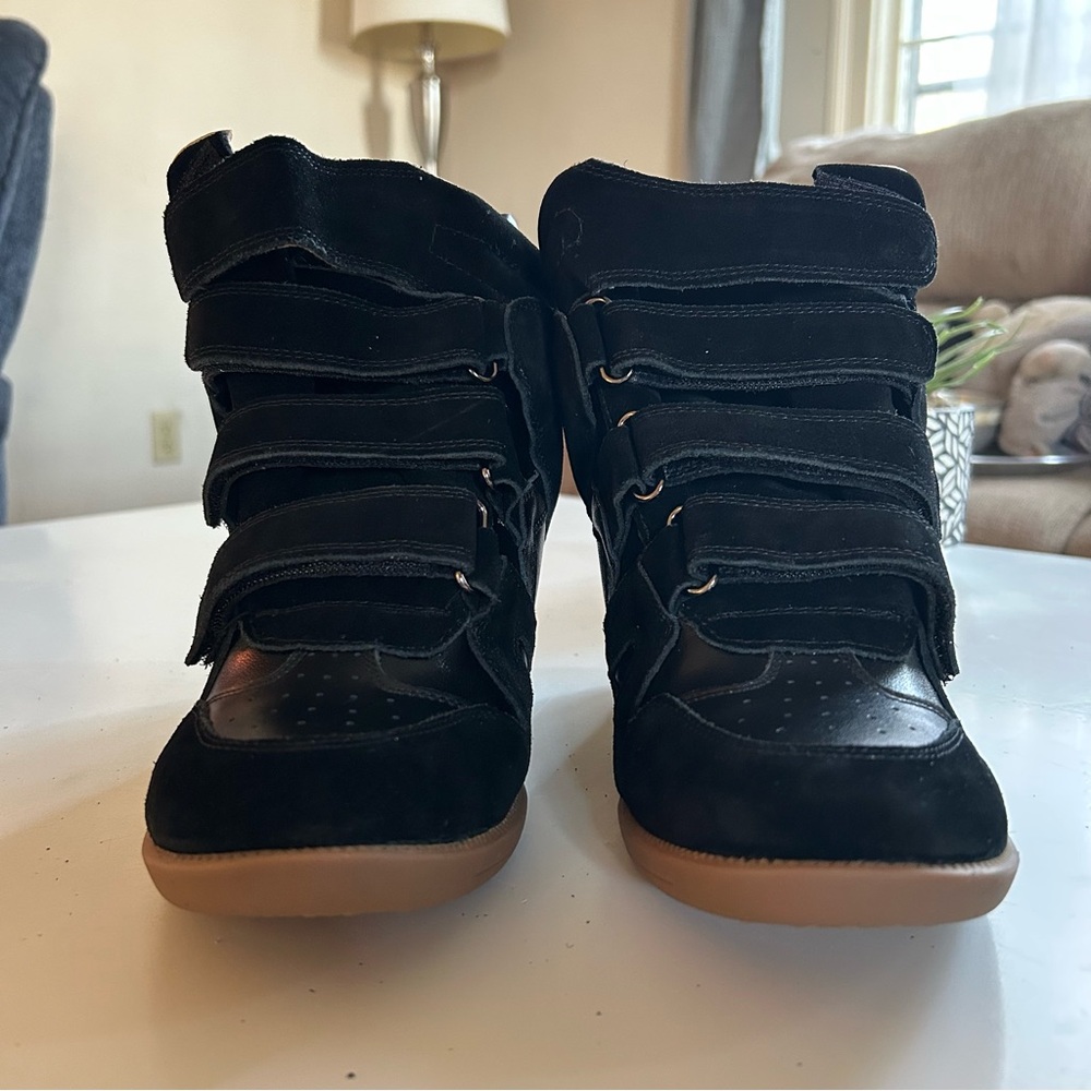 Isabel Marant Black Suede High-Top Wedge Sneakers with Tan Sole